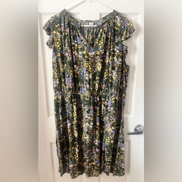 Old Navy Dress Womens 2X Green Floral Print Flutter Sleeve BOHO Cottagecore - Picture 1 of 6